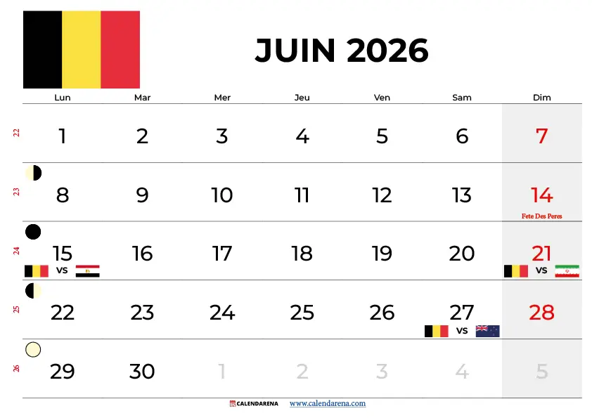 Calendrier Juin 2026 Belgique