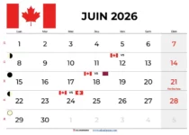 Calendrier Juin 2026 Québec
