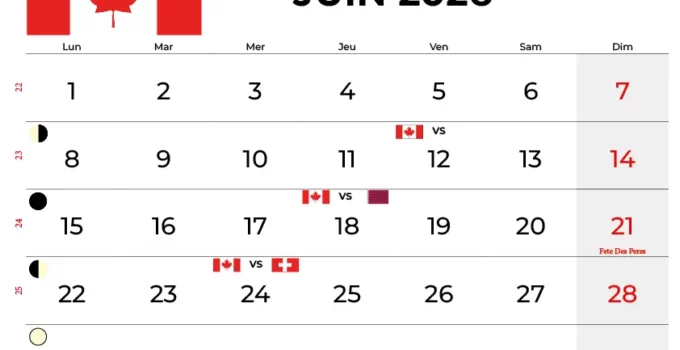 Calendrier Juin 2026 Québec