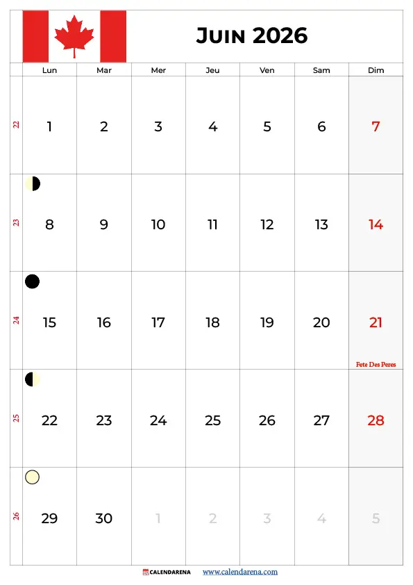 Calendrier Juin 2026 Québec PDF