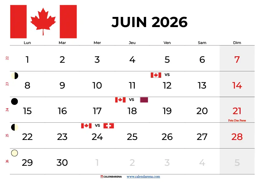 Calendrier Juin 2026 Québec
