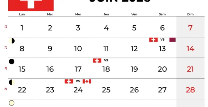 Calendrier Juin 2026 Suisse