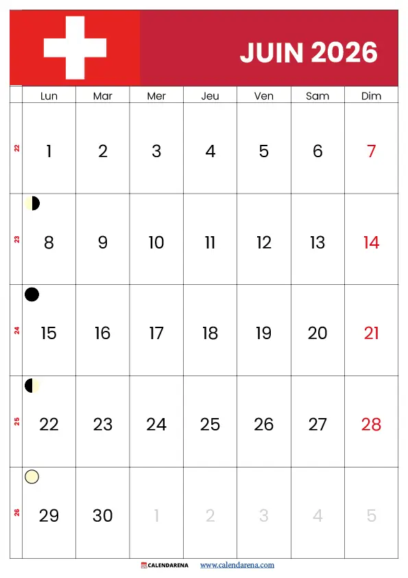Calendrier Juin 2026 Suisse à imprimer