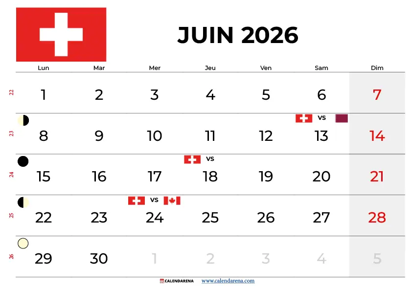 Calendrier Juin 2026 Suisse