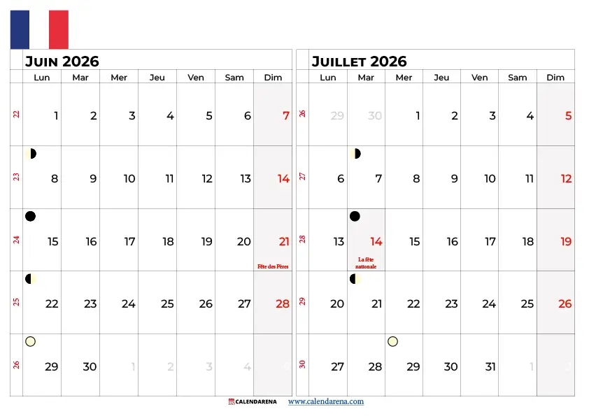 Calendrier Juin Juillet 2026 À Imprimer