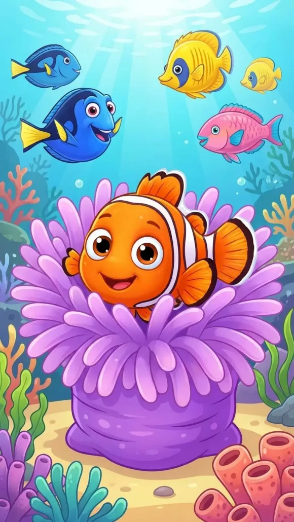 Cute cartoon clownfish hiding in purple sea anemone, with other colorful reef fish in the background, bright and cheerful underwater scene for kids