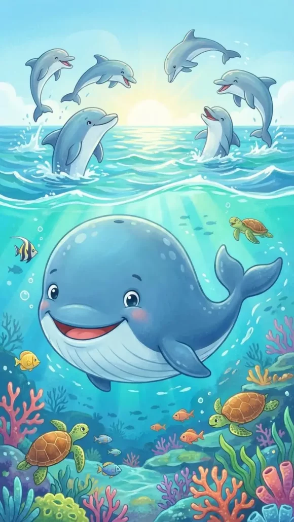 Friendly cartoon blue whale swimming with a pod of playful dolphins jumping in the background, bright ocean colors, suitable for children
