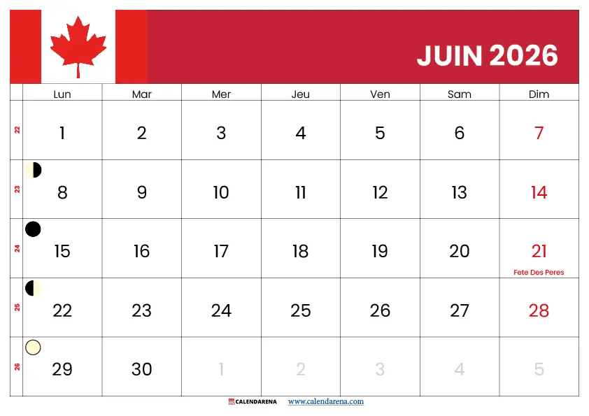 Juin 2026 Calendrier Québec