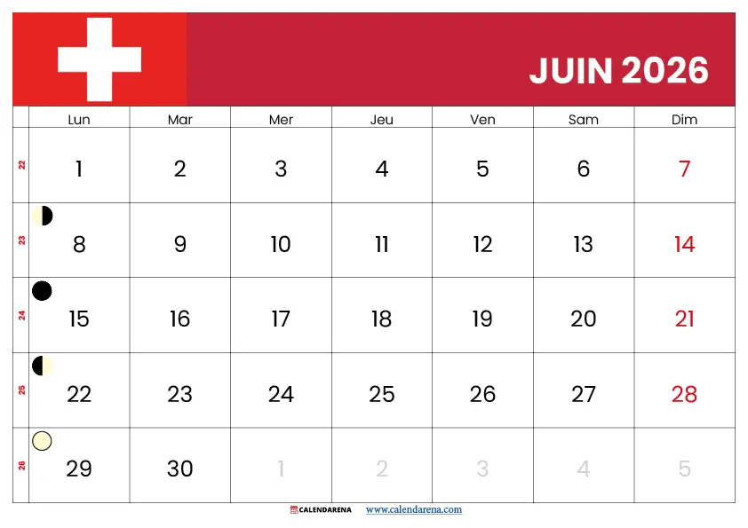 Juin 2026 Calendrier Suisse