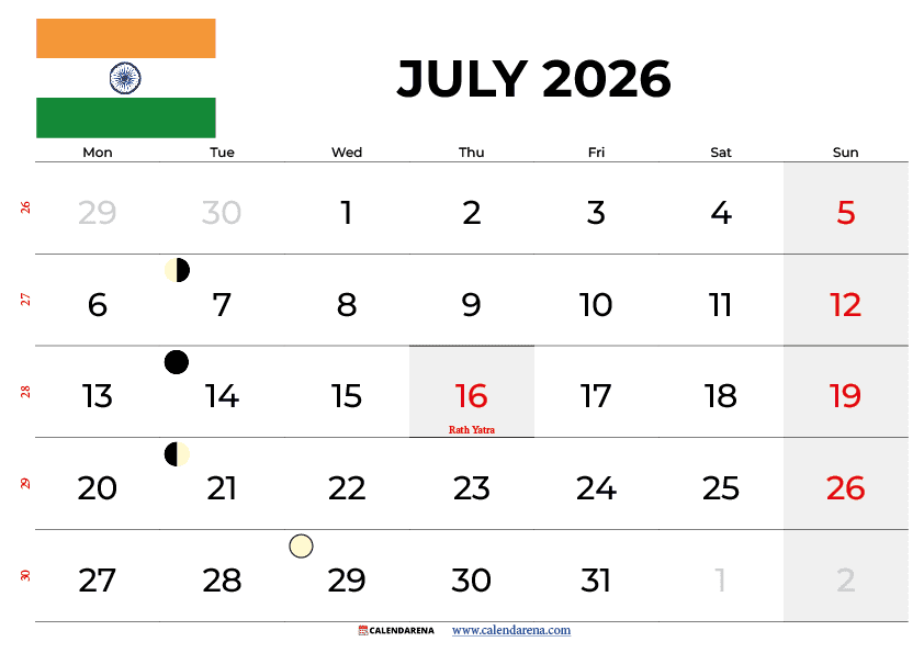 July 2026 Calendar India With Holidays PDF Calendarena