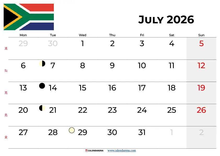 July 2026 Calendar South Africa