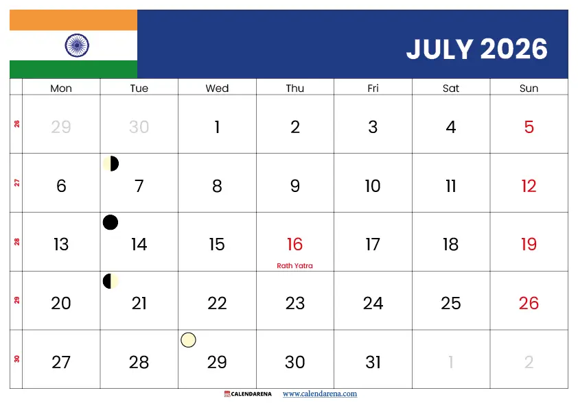 July 2026 Calendar With Holidays India