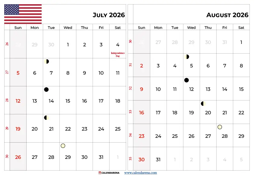 July And August 2026 Calendar Printable