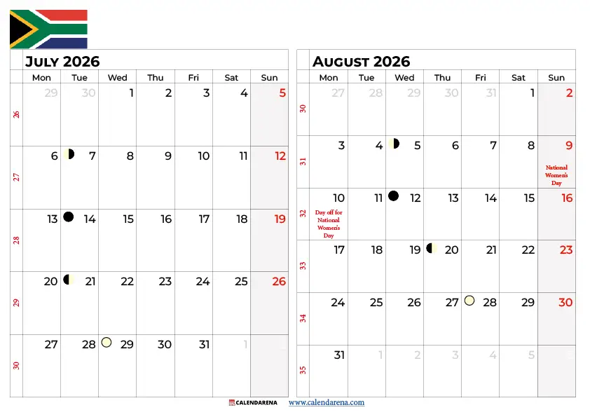 July And August 2026 Calendar South Africa
