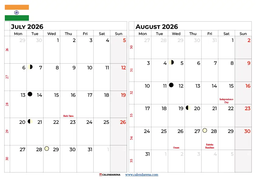 July And August 2026 Calendar With Holidays India