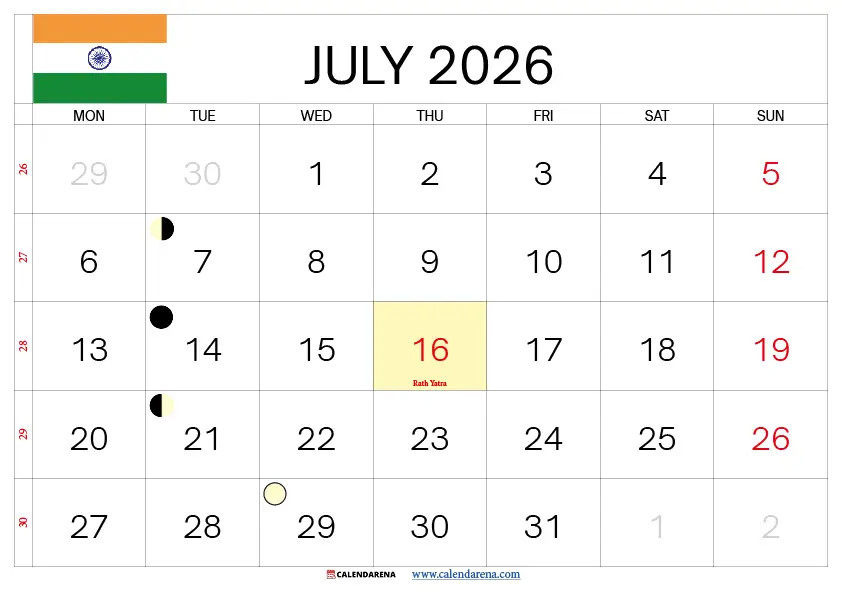 July Calendar 2026 India