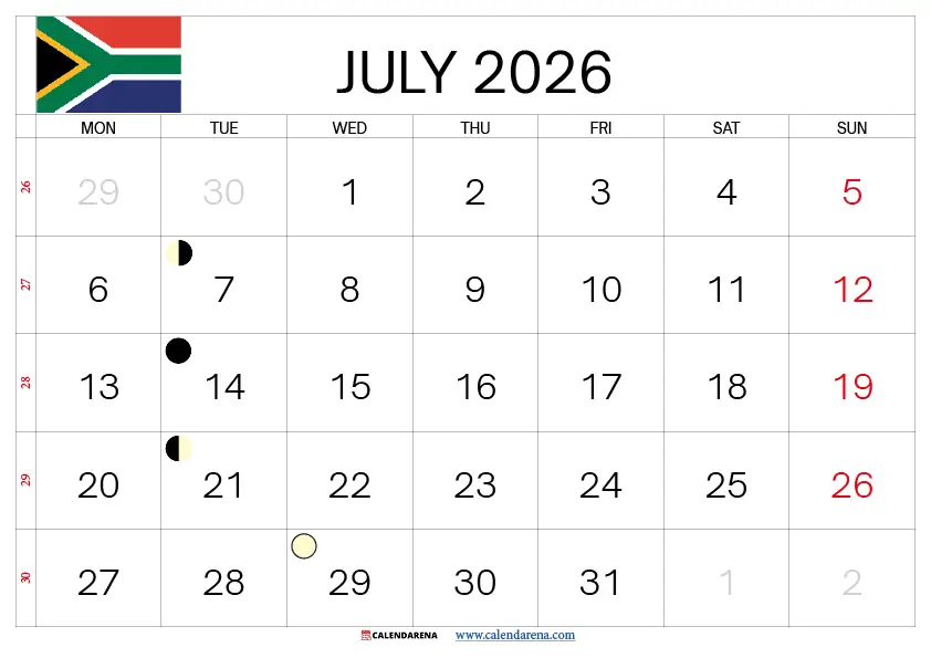 July Calendar 2026 South Africa