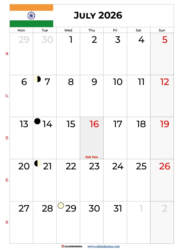 July Month Calendar 2026 India