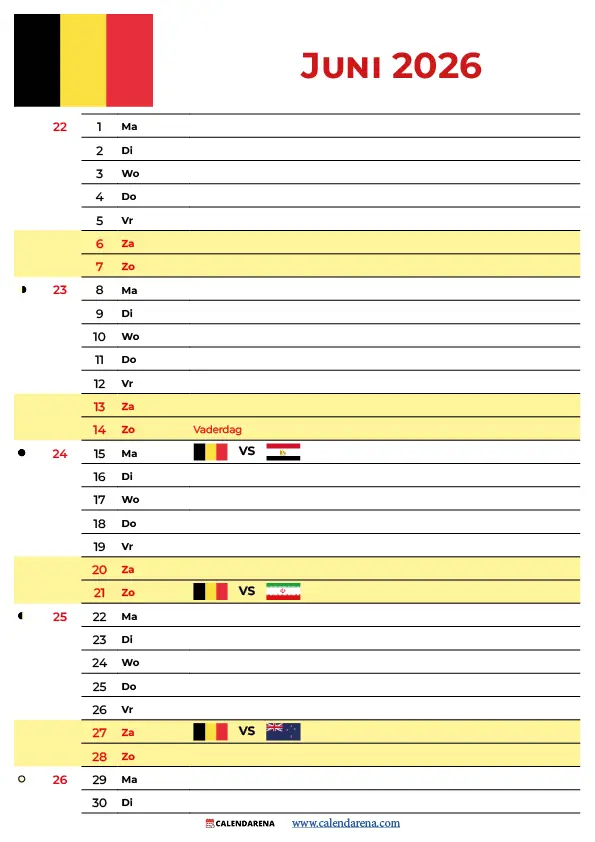 Juni 2026 Kalender Belgie