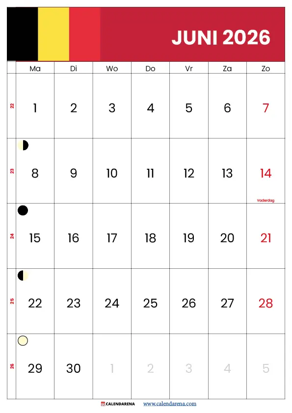 Juni Kalender 2026 Belgie