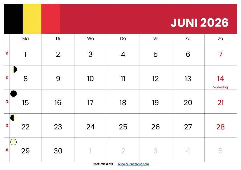 Kalender 2026 Juni Belgie