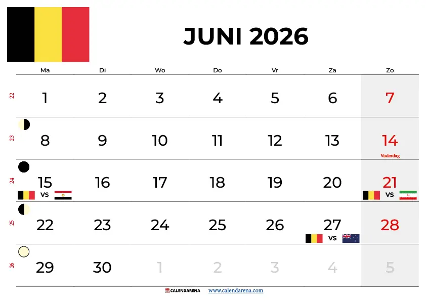 Kalender Juni 2026 Belgie