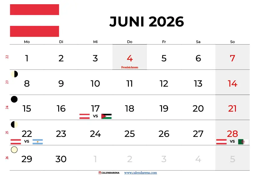 Kalender Juni 2026 Mit Feiertagen Österreich