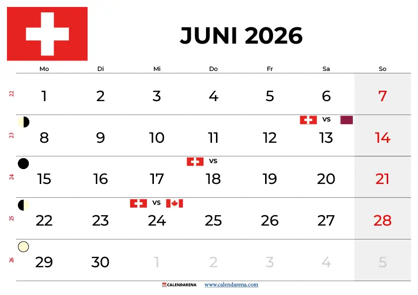 Kalender Juni 2026 Mit Feiertagen Schweiz