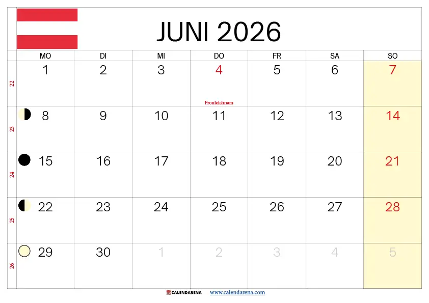 Kalender Juni 2026 Österreich