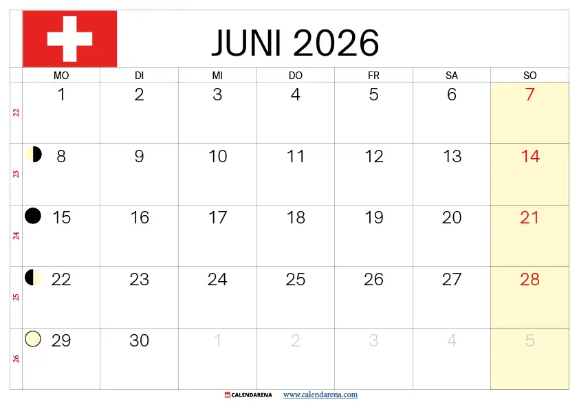 Kalender Juni 2026 Schweiz