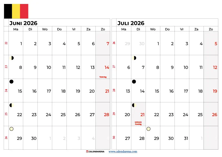 Kalender Juni Juli 2026 Belgie