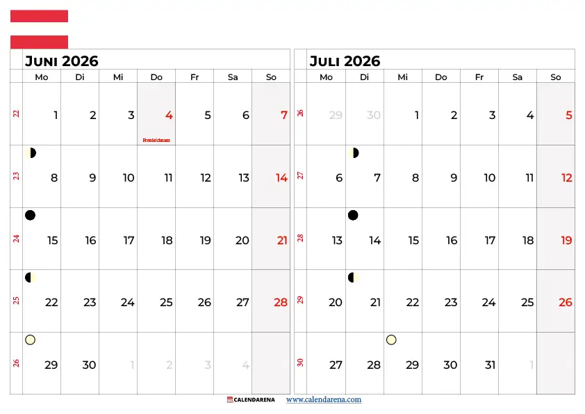 Kalender Juni Juli 2026 Österreich