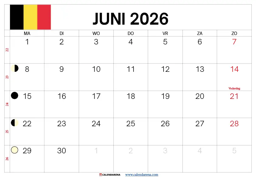 Maandkalender Juni 2026 Belgie