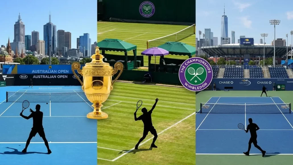 Three tennis courts side by side. Left: bright blue Australian Open court, Center: green grass Wimbledon court with traditional white lines, Right: dark blue US Open court