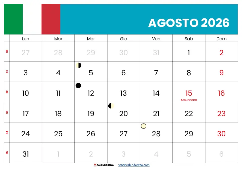 Agosto 2026 calendario stampabile in formato verticale PDF e PNG, Ferragosto 15 agosto