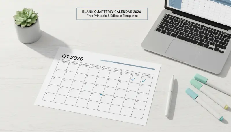 Calendarena Blank Quarterly Calendar 2026 Printable Landscape PDF — Q1 to Q4 Free Template