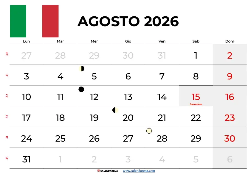 Calendario agosto 2026 con festività in italiano, Ferragosto evidenziato in rosso il 15 agosto