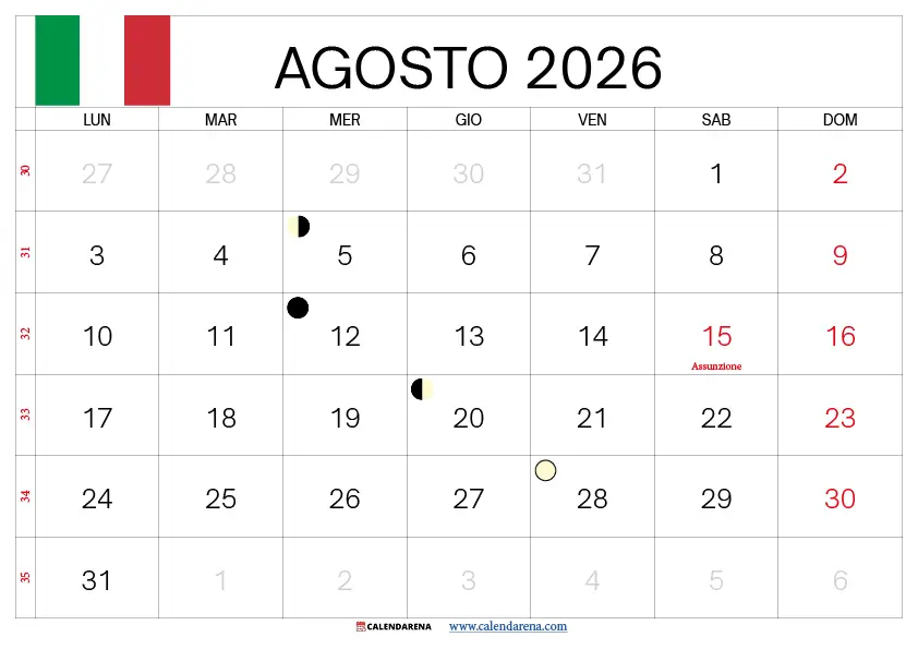 Calendario agosto 2026 da stampare in formato PDF gratis, layout orizzontale con festività nazionali