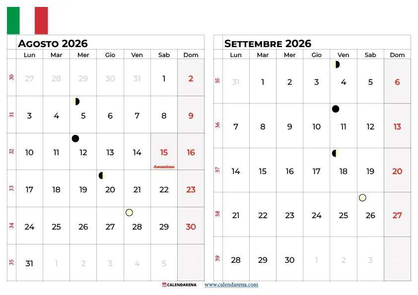 Calendario agosto settembre 2026 da stampare, pianificazione estate e rientro scolastico