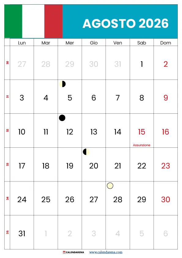 Agosto 2026 calendario PNG gratis da scaricare, versione landscape e portrait disponibili