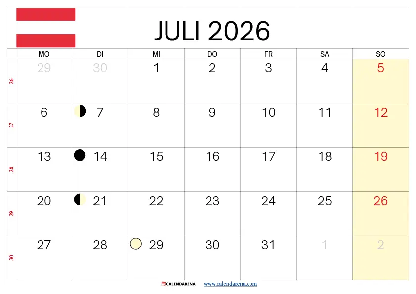 Kalender Juli 2026 Österreich kostenlos druckbar – PDF Querformat gratis downloaden