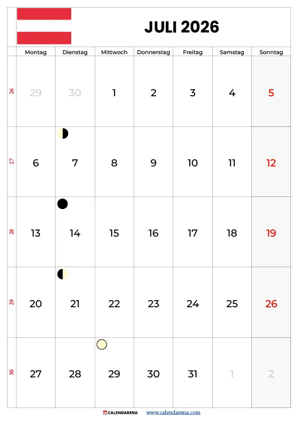 Kalender Juli 2026 Österreich mit Sommerferien – Kostenlos druckbarer Ferienkalender PDF