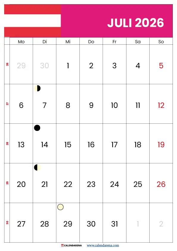 Kalender Juli 2026 Österreich zum Ausdrucken PDF