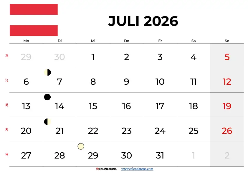 Kalender Juli 2026 Österreich zum Ausdrucken – Kostenlos als PDF herunterladen