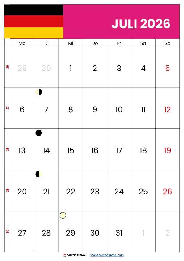 Kalender Juli 2026 PNG gratis Download – Digitales Kalenderblatt Juli 2026 für Smartphone und Tablet