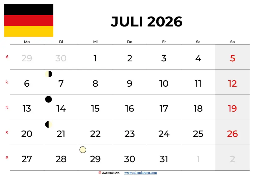 Kalender Juli 2026 kostenlos drucken – Komplettes Kalenderblatt Juli 2026 als PDF und PNG Download
