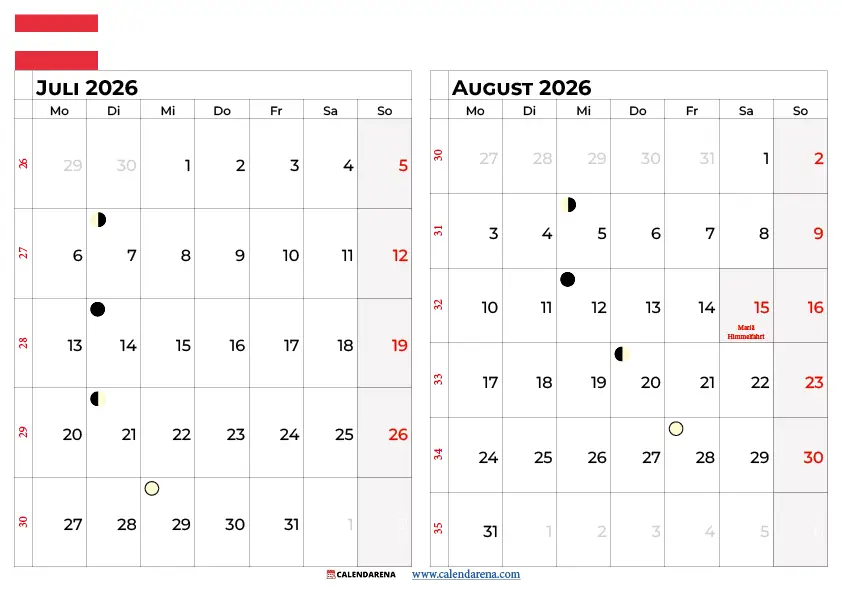 Kalender Juli August 2026 Österreich kostenlos ausdrucken – Sommerkalender PDF gratis