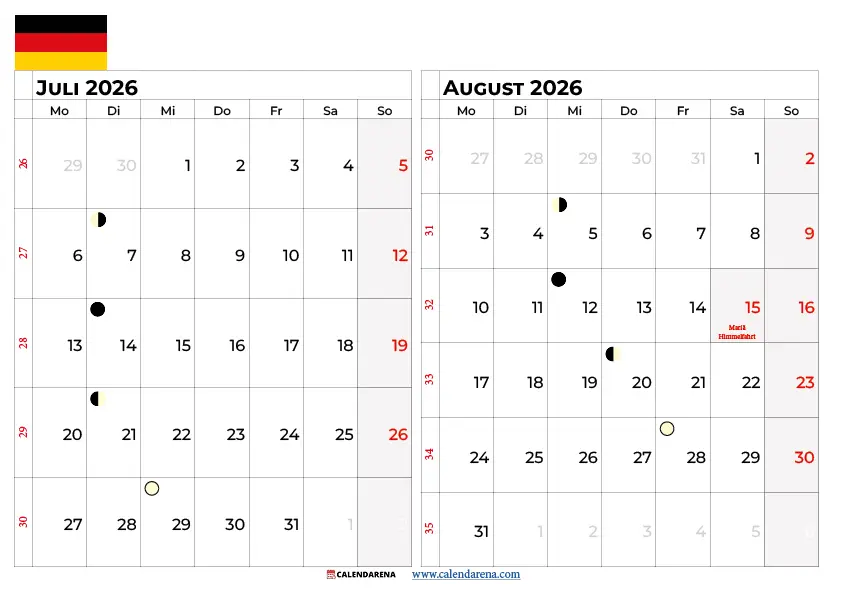 Kalender Juli August 2026 zum Ausdrucken – Kostenloser Zweimonatskalender Kalender 2026 Juli August PDF