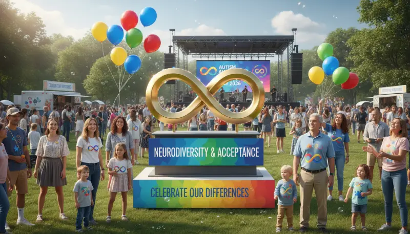 Autism Awareness Day 2026 celebration with gold infinity symbol representing neurodiversity and acceptance