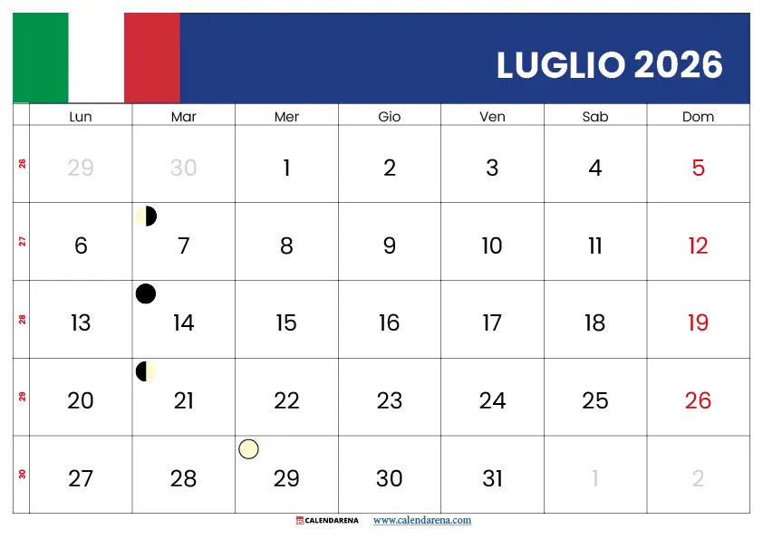 Calendario mese di luglio 2026 con festività locali e fasi lunari – luglio 2026 calendario da stampare PDF
